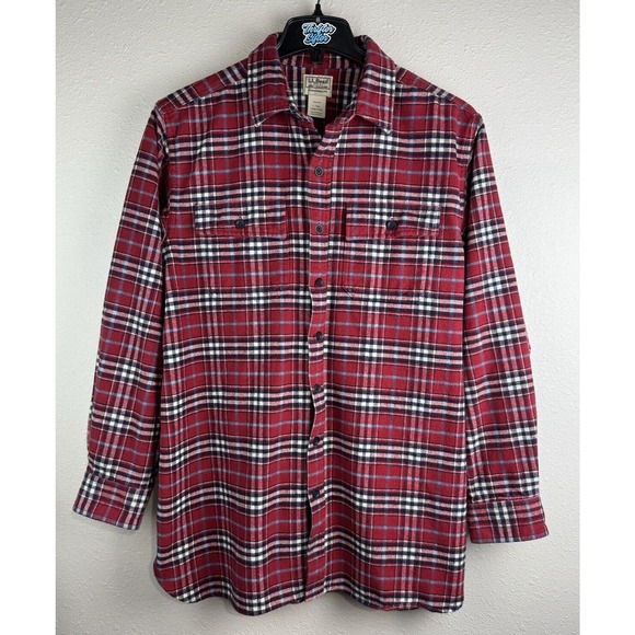 L.L. Bean Mens L-Tall Red Traditional Fit Plaid Long Sleeve Flannel Button Shirt - Picture 2 of 5